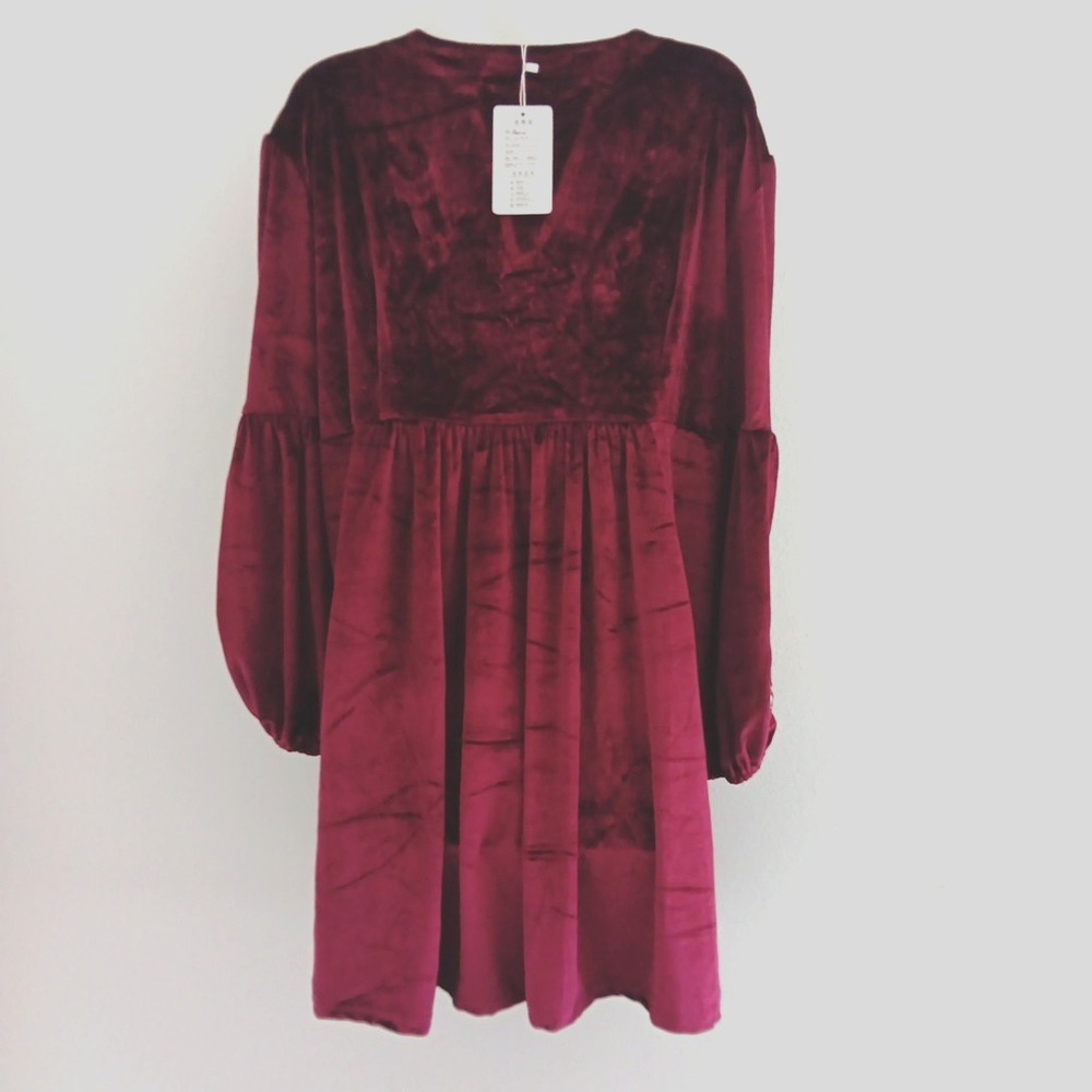 NWT Aofur Velvet Dress Womens Plus 2XL Red Embroidered Boho Popover Peasant Chic - Picture 5 of 12